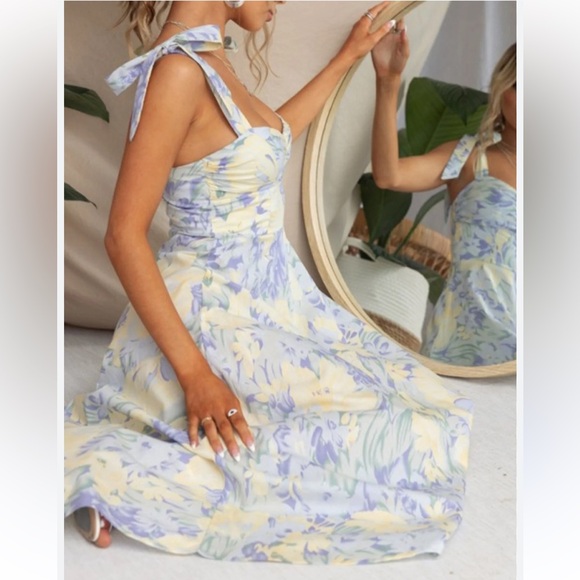 Boutique Floral Pastel Shoulder Tie Bow Sundress Sweetheart Neckline Coquette - Picture 2 of 15